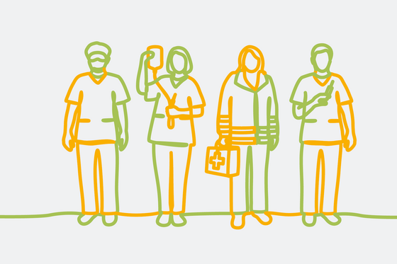 Grafische Darstellung von nebeneinander stehenden Personen aus dem medizinisch-pflegerischen Bereich in Berufskleidung als orange-grüne Bändergrafik, Wohnen im Alter, Pflege, Servicewohnen, Seniorenresidenz, Residenz am Wiesenkamp, Hamburg Grafische Darstellung von vier nebeneinander stehenden Personen aus dem medizinisch-pflegerischen Bereich in Berufskleidung als orange-grüne Bändergrafik
