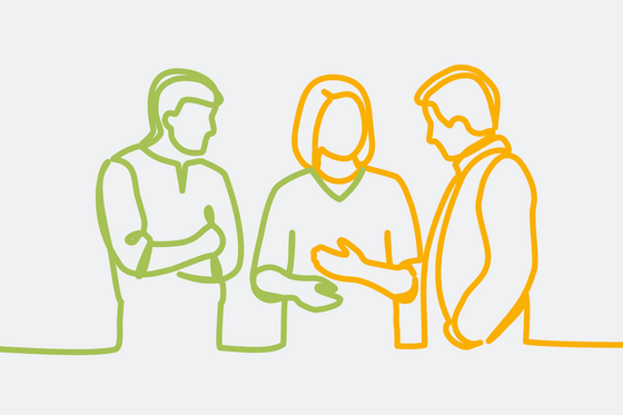 Grafische Darstellung von drei nebeneinander stehenden Personen in einer Unterhaltung als orange-grüne Bändergrafik, Wohnen im Alter, Pflege, Servicewohnen, Seniorenresidenz, Residenz am Wiesenkamp, Hamburg Grafische Darstellung von drei nebeneinander stehenden Personen in einer Unterhaltung als orange-grüne Bändergrafik