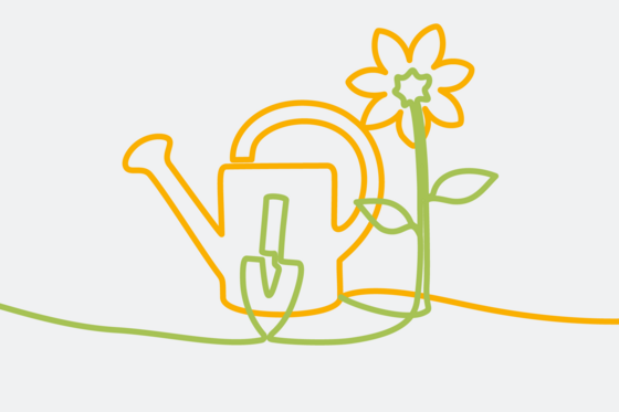 Grafische Darstellung einer Gießkanne und einer Schaufel mit einer Sonnenblume als orange-grüne Bändergrafik, Wohnen im Alter, Pflege, Servicewohnen, Seniorenresidenz, Residenz am Wiesenkamp, Hamburg Grafische Darstellung einer Gießkanne und einer Schaufel mit einer Sonnenblume als orange-grüne Bändergrafik
