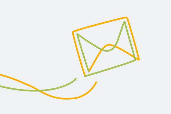 Grafische Darstellung eines Briefumschlags als orange-grüne Bändergrafik, Wohnen im Alter, Pflege, Servicewohnen, Seniorenresidenz, Residenz am Wiesenkamp, Hamburg Grafische Darstellung eines Briefumschlags als orange-grüne Bändergrafik